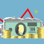 Cutout paper composition of dollar bills between pile of coins and financial stocks with curved diagram